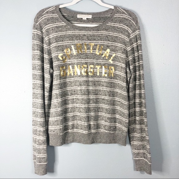 Spiritual Gangster Striped Sweater Gold Lettering Gray Size Medium - Picture 2 of 9